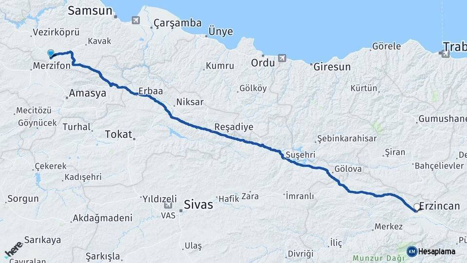 Samsun Havza Erzincan Arası Kaç Km - Yol Haritası