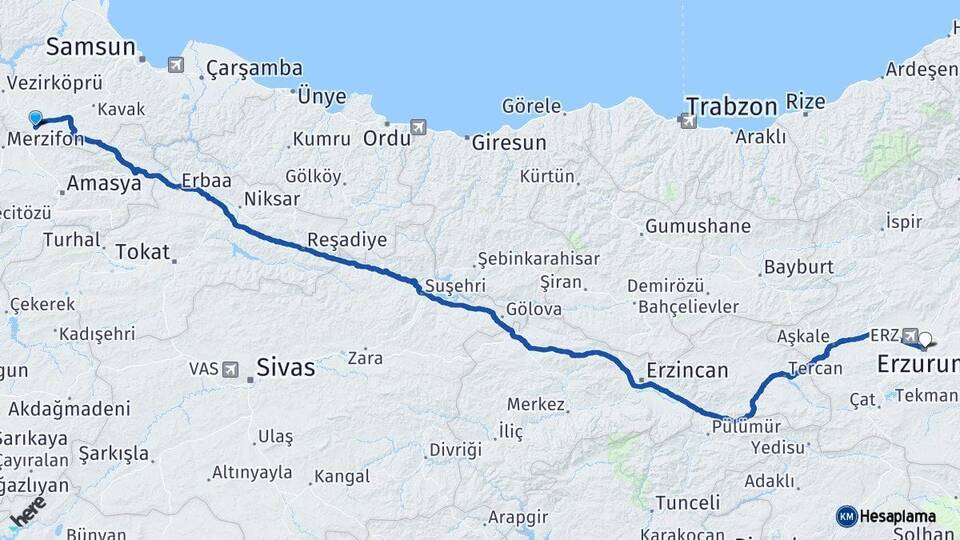 Samsun Havza Erzurum Arası Kaç Km - Yol Haritası