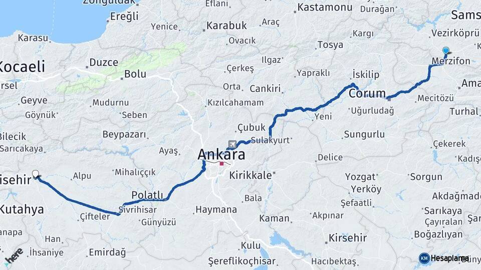 Samsun Havza Eskişehir Arası Kaç Km - Yol Haritası