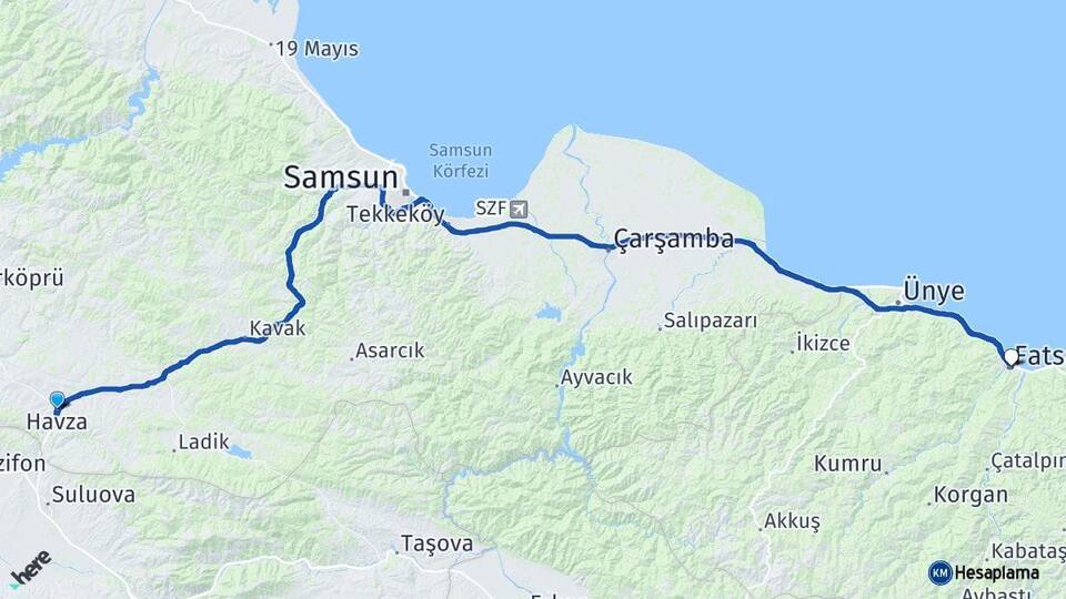 Samsun Havza Fatsa Ordu Arası Kaç Km - Yol Haritası