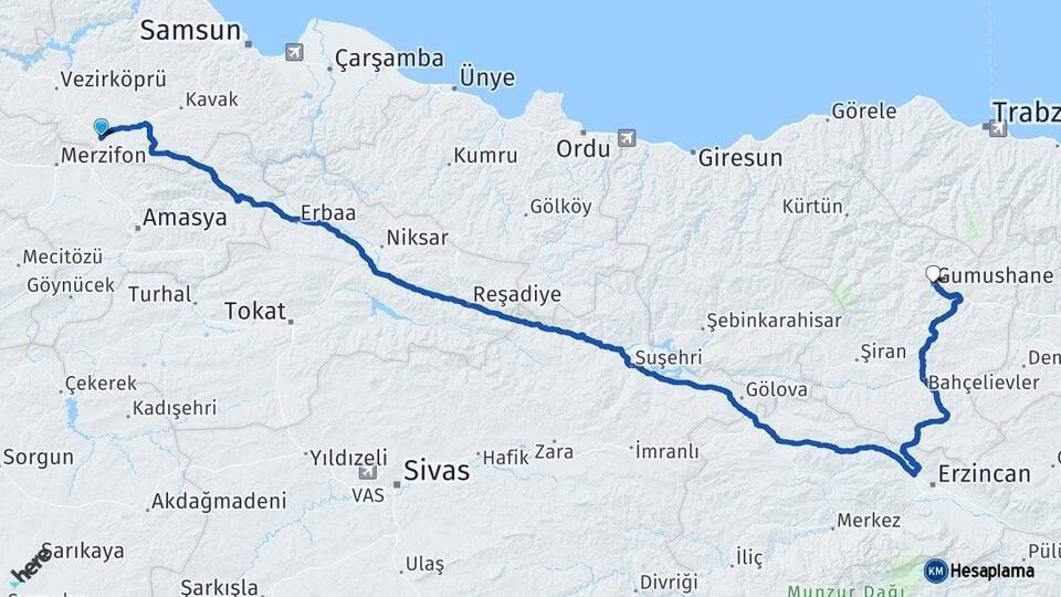 Samsun Havza Gümüşhane Arası Kaç Km - Yol Haritası