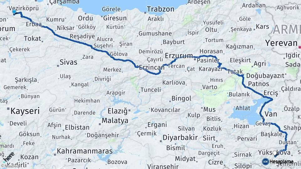 Samsun Havza Hakkari Arası Kaç Km - Yol Haritası