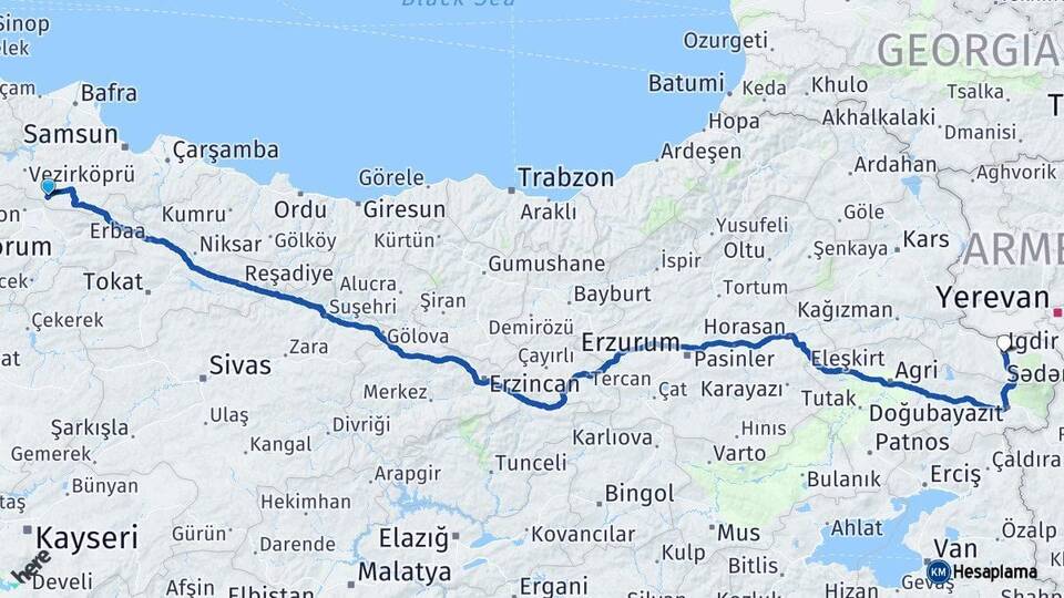 Samsun Havza Iğdır Arası Kaç Km - Yol Haritası