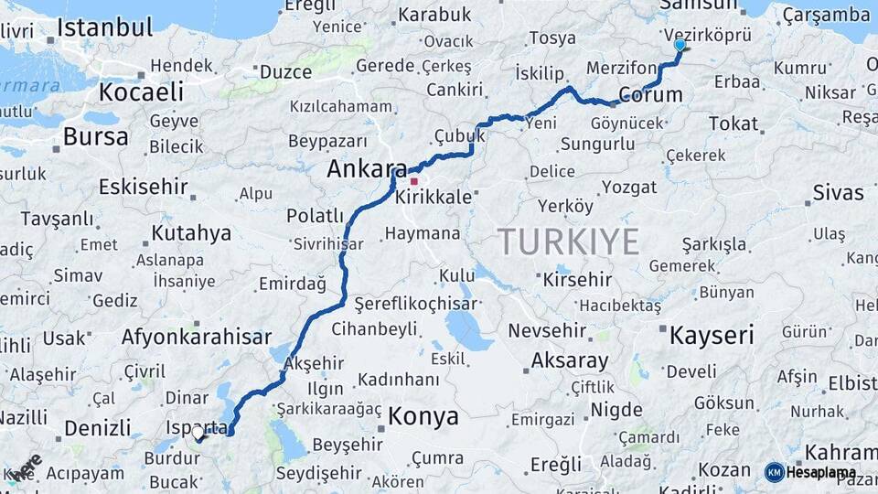 Samsun Havza Isparta Arası Kaç Km - Yol Haritası