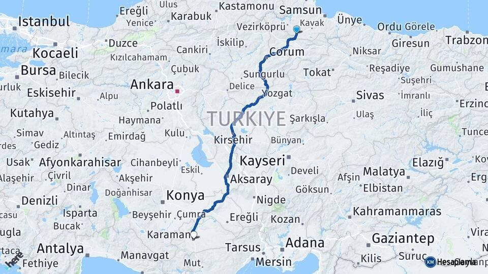 Samsun Havza Karaman Arası Kaç Km - Yol Haritası