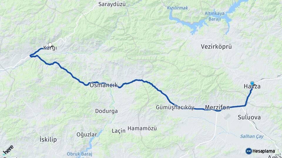 Samsun Havza Kargı Çorum Arası Kaç Km - Yol Haritası