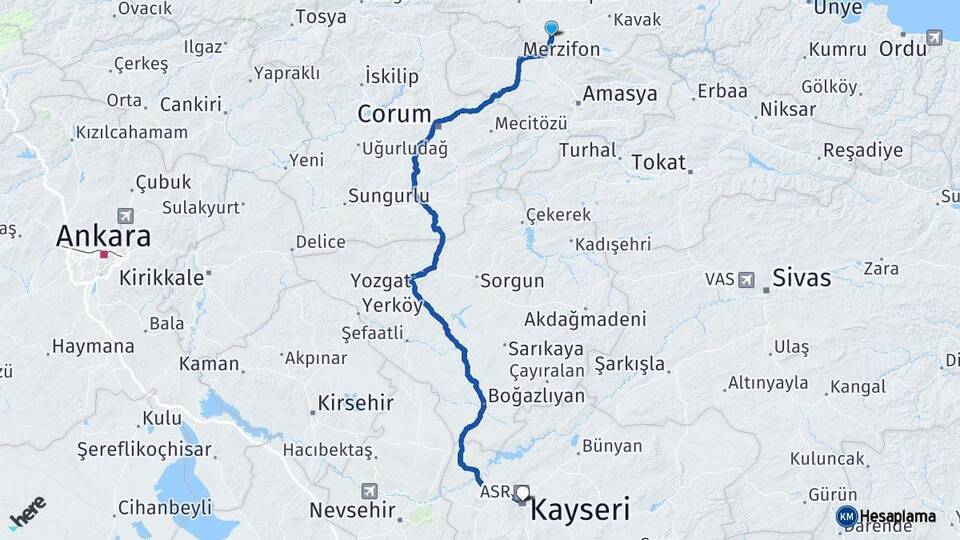 Samsun Havza Kayseri Arası Kaç Km - Yol Haritası