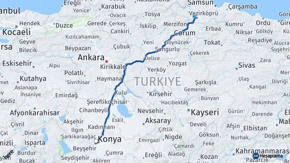 Samsun Havza Konya Arası Kaç Km - Yol Haritası
