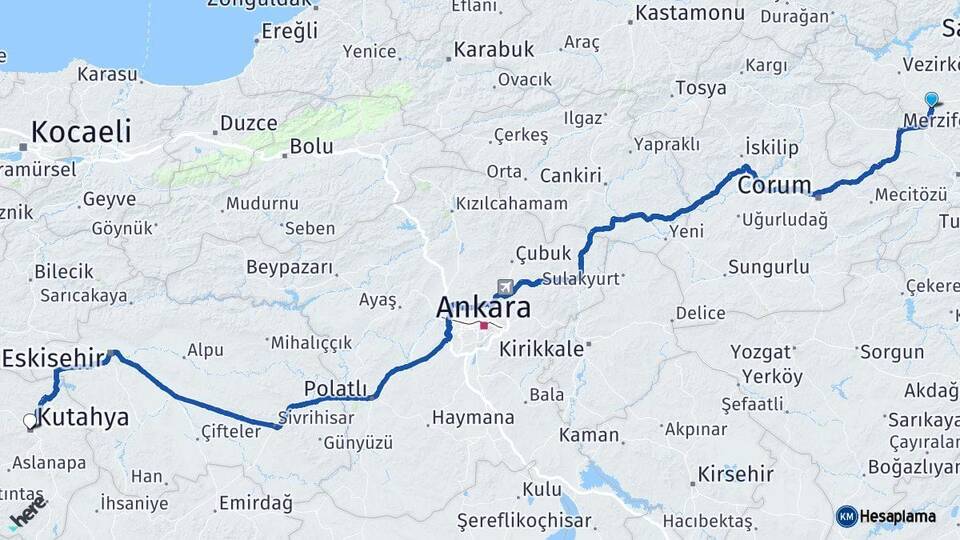 Samsun Havza Kütahya Arası Kaç Km - Yol Haritası