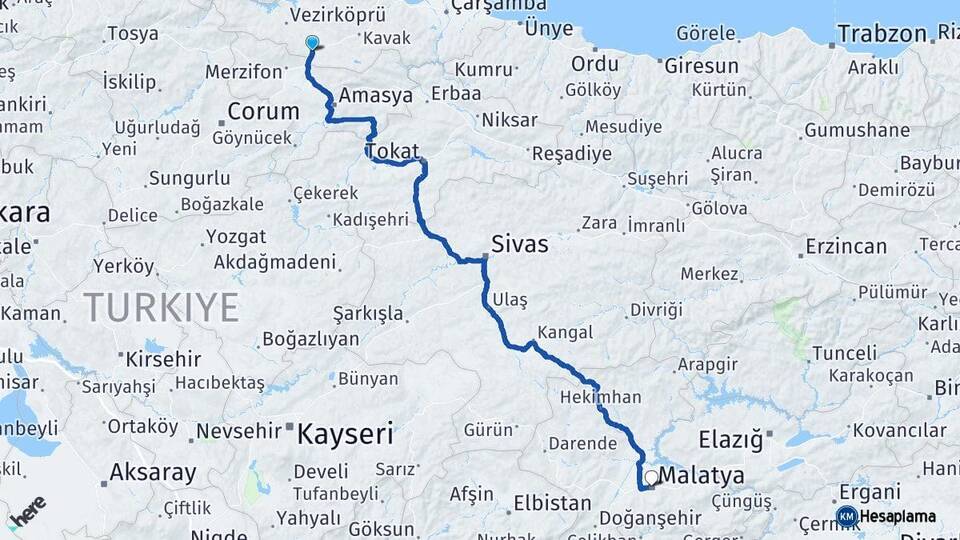 Samsun Havza Malatya Arası Kaç Km - Yol Haritası
