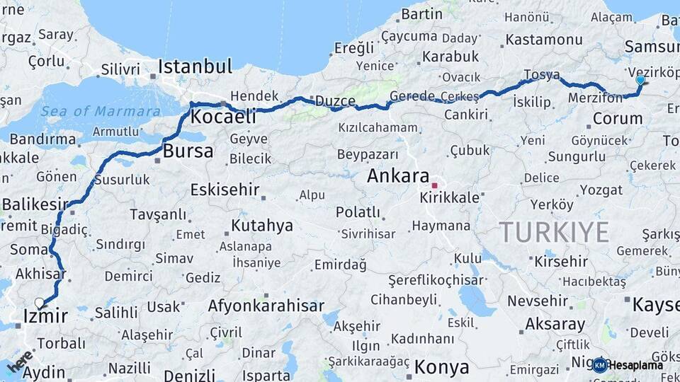 Samsun Havza Manisa Arası Kaç Km - Yol Haritası