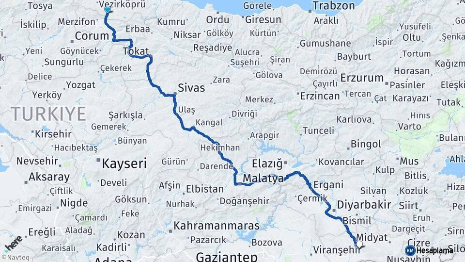 Samsun Havza Mardin Arası Kaç Km - Yol Haritası