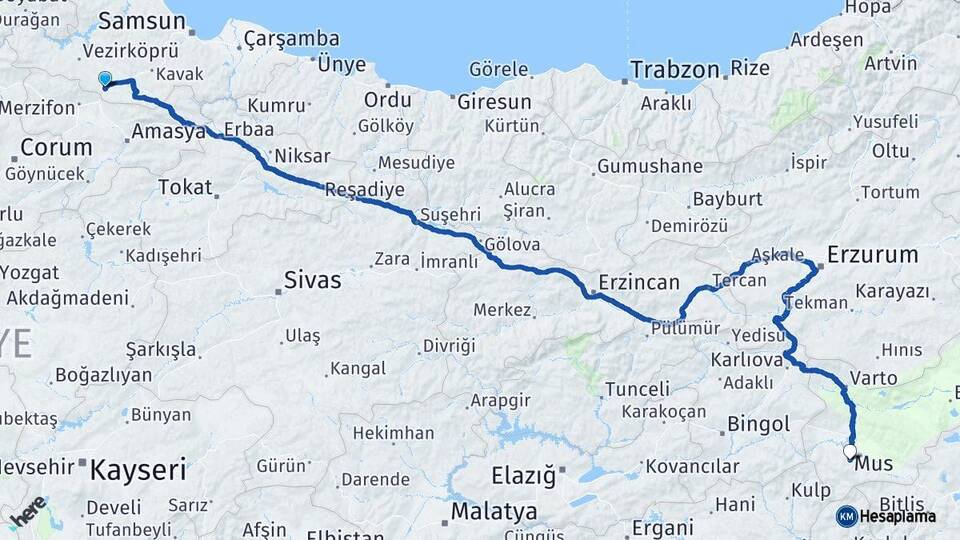 Samsun Havza Muş Arası Kaç Km - Yol Haritası