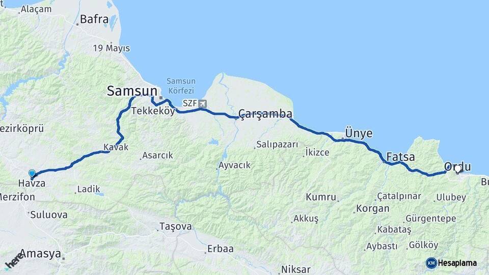 Samsun Havza Ordu Arası Kaç Km - Yol Haritası