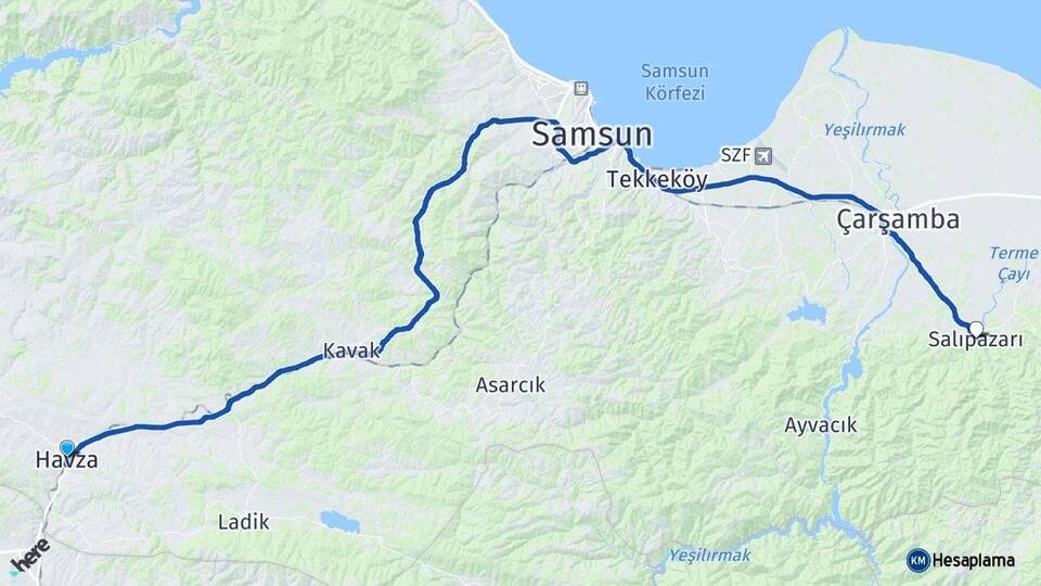 Samsun Havza Salıpazarı Arası Kaç Km - Yol Haritası