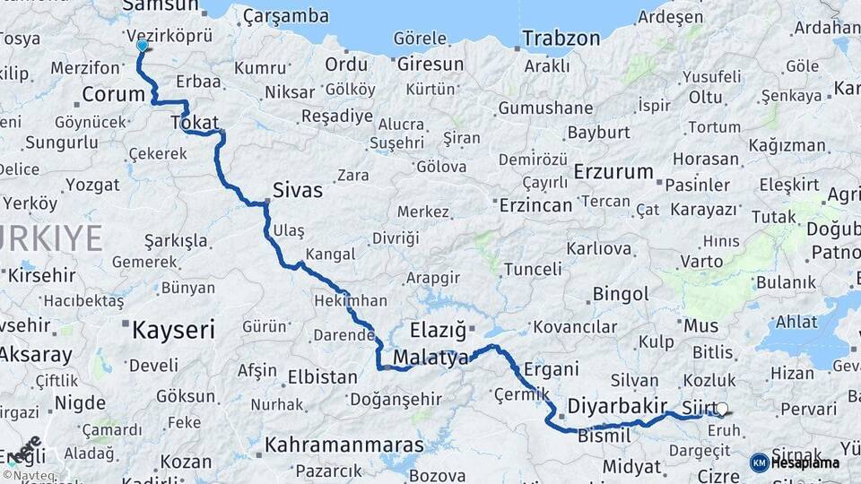 Samsun Havza Siirt Arası Kaç Km - Yol Haritası
