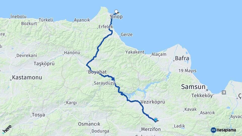 Samsun Havza Sinop Arası Kaç Km - Yol Haritası