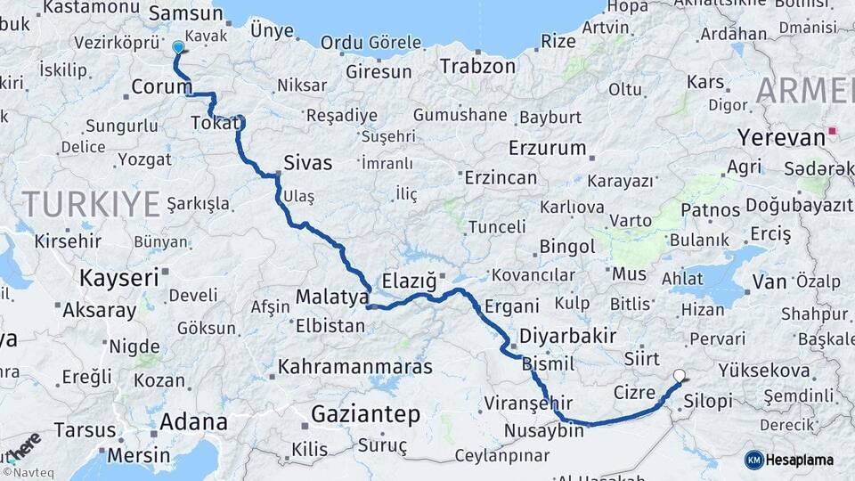 Samsun Havza Şırnak Arası Kaç Km - Yol Haritası