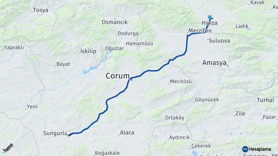 Samsun Havza Sungurlu Çorum Arası Kaç Km - Yol Haritası