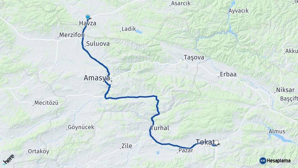 Samsun Havza Tokat Arası Kaç Km - Yol Haritası