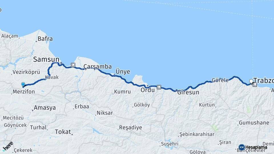 Samsun Havza Trabzon Arası Kaç Km - Yol Haritası