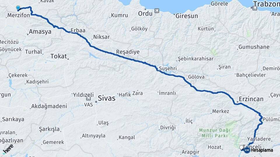 Samsun Havza Tunceli Arası Kaç Km - Yol Haritası