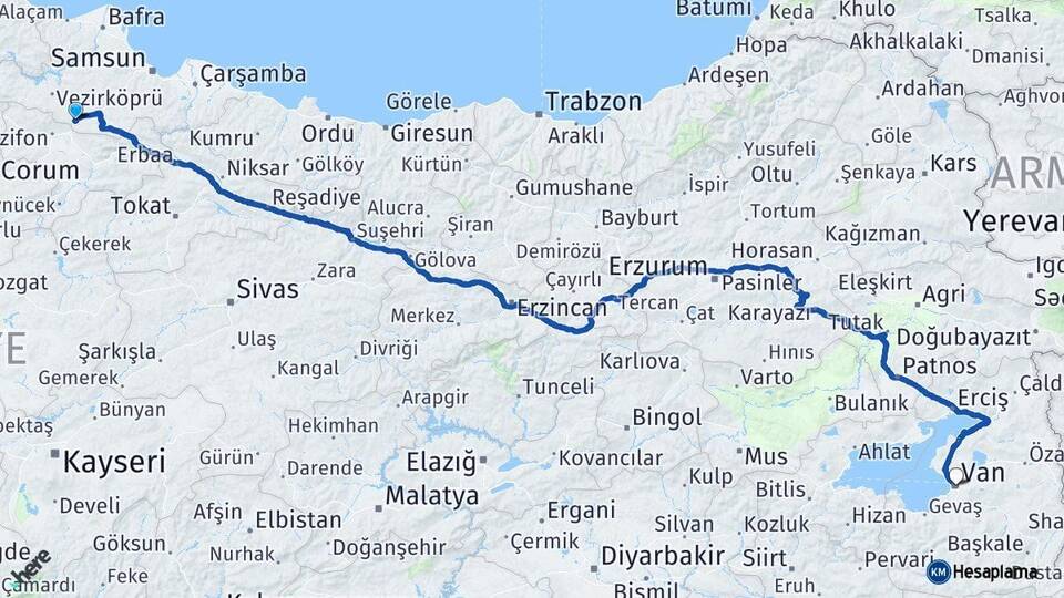 Samsun Havza Van Arası Kaç Km - Yol Haritası