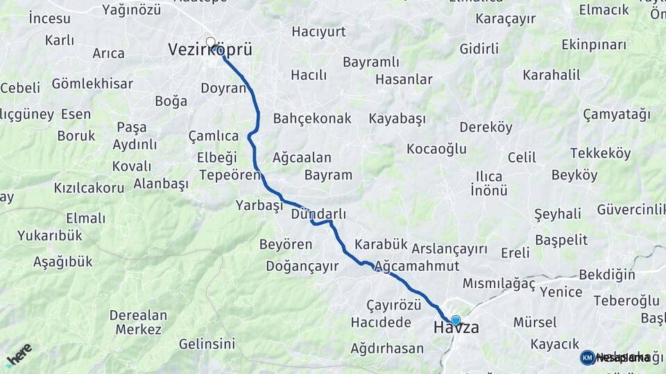 Samsun Havza Vezirköprü Arası Kaç Km - Yol Haritası