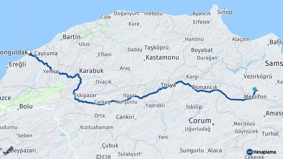 Samsun Havza Zonguldak Arası Kaç Km - Yol Haritası