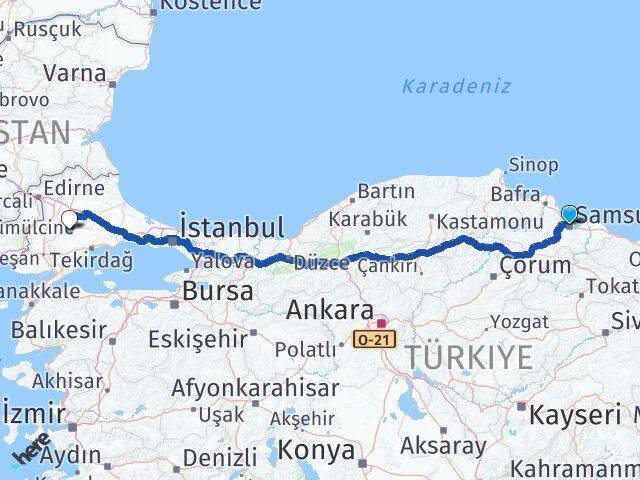 Samsun Hayrabolu Tekirdağ Arası Kaç Km - Yol Haritası