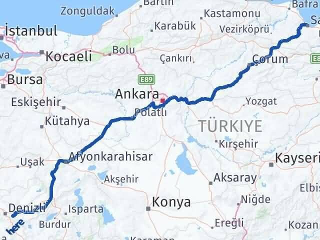 Samsun Honaz Denizli Arası Kaç Km - Yol Haritası