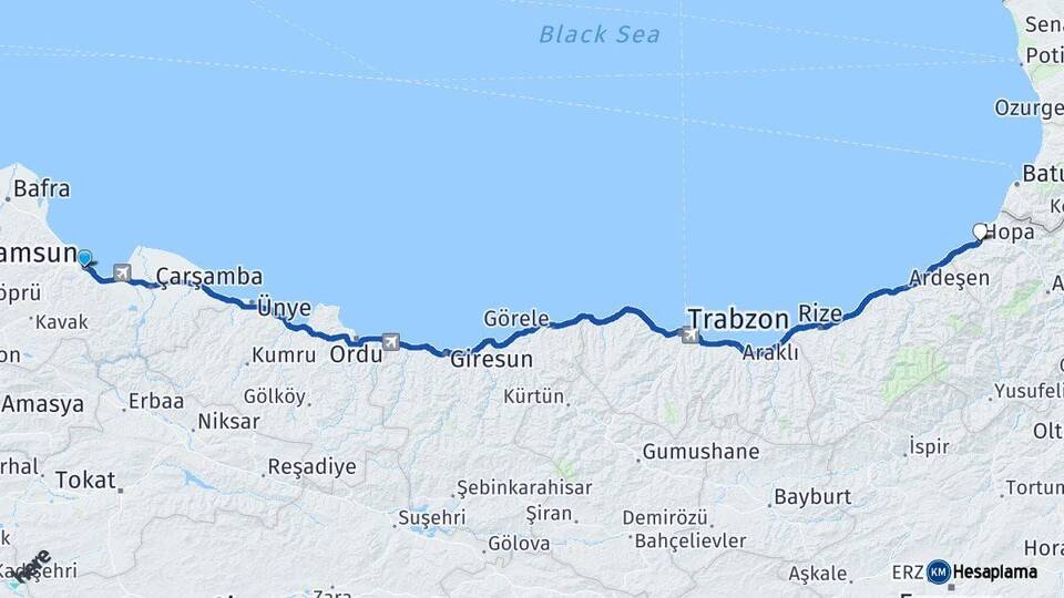 Samsun Hopa Artvin Arası Kaç Km - Yol Haritası