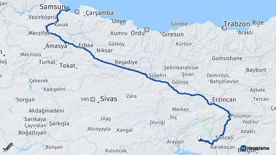 Samsun Hozat Tunceli Arası Kaç Km - Yol Haritası