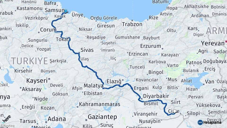Samsun İdil Şırnak Arası Kaç Km - Yol Haritası
