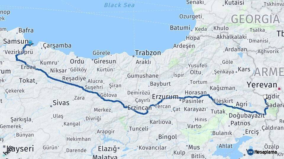 Samsun Iğdır Arası Kaç Km - Yol Haritası