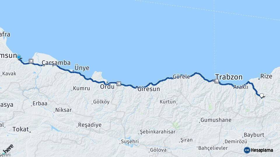 Samsun İkizdere Rize Arası Kaç Km - Yol Haritası
