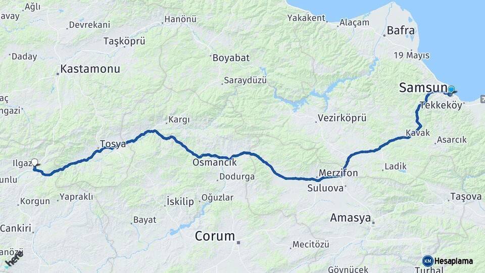 Samsun Ilgaz Çankırı Arası Kaç Km - Yol Haritası