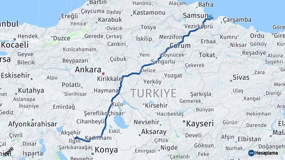 Samsun Ilgın Konya Arası Kaç Km - Yol Haritası