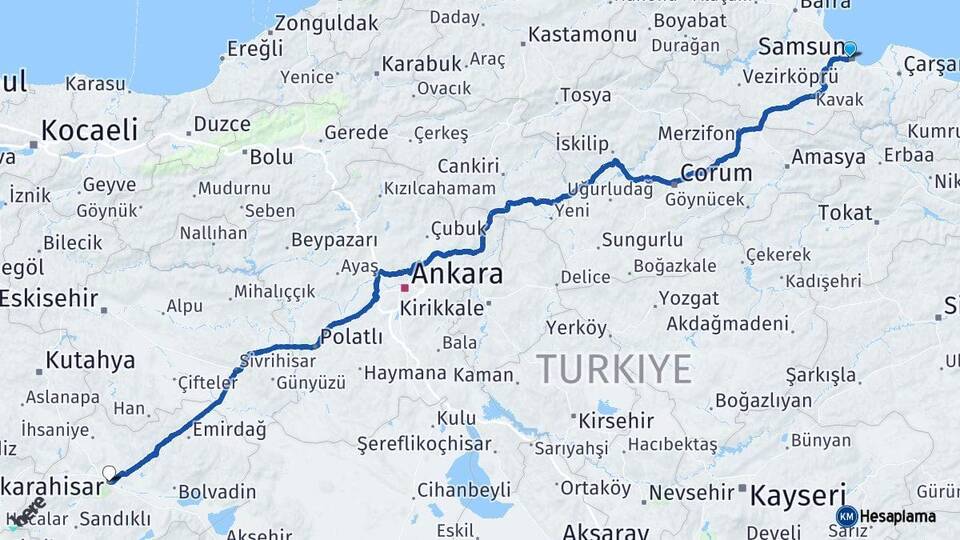 Samsun İlkadım Afyonkarahisar Arası Kaç Km - Yol Haritası