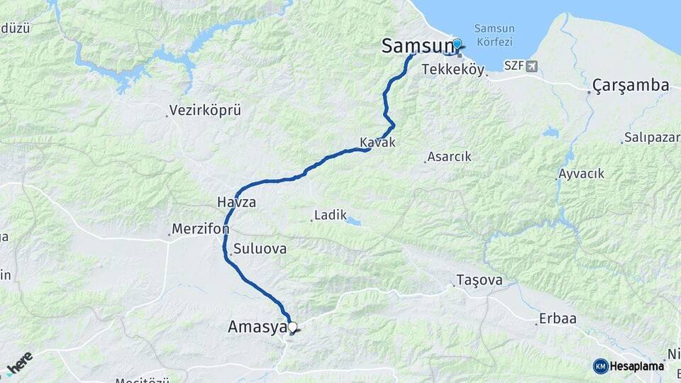 Samsun İlkadım Amasya Arası Kaç Km - Yol Haritası