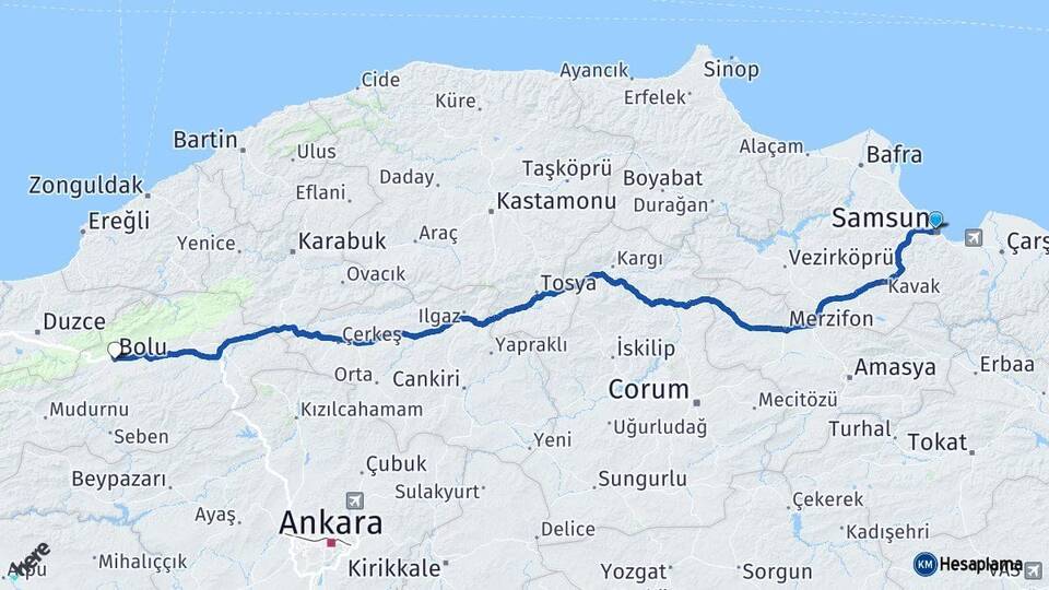 Samsun İlkadım Bolu Arası Kaç Km - Yol Haritası