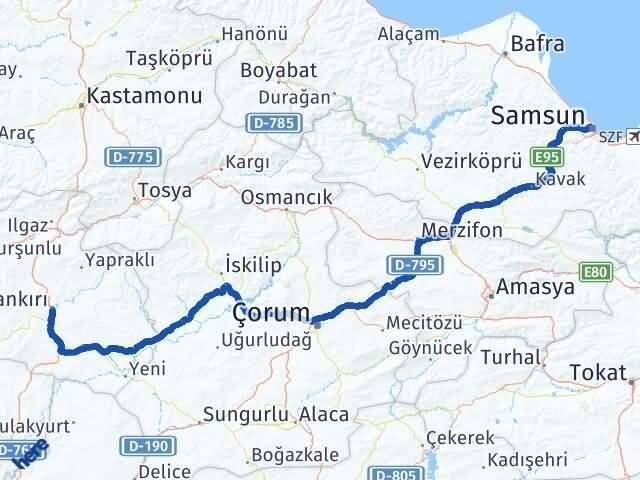 Samsun İlkadım Çankırı Arası Kaç Km - Yol Haritası