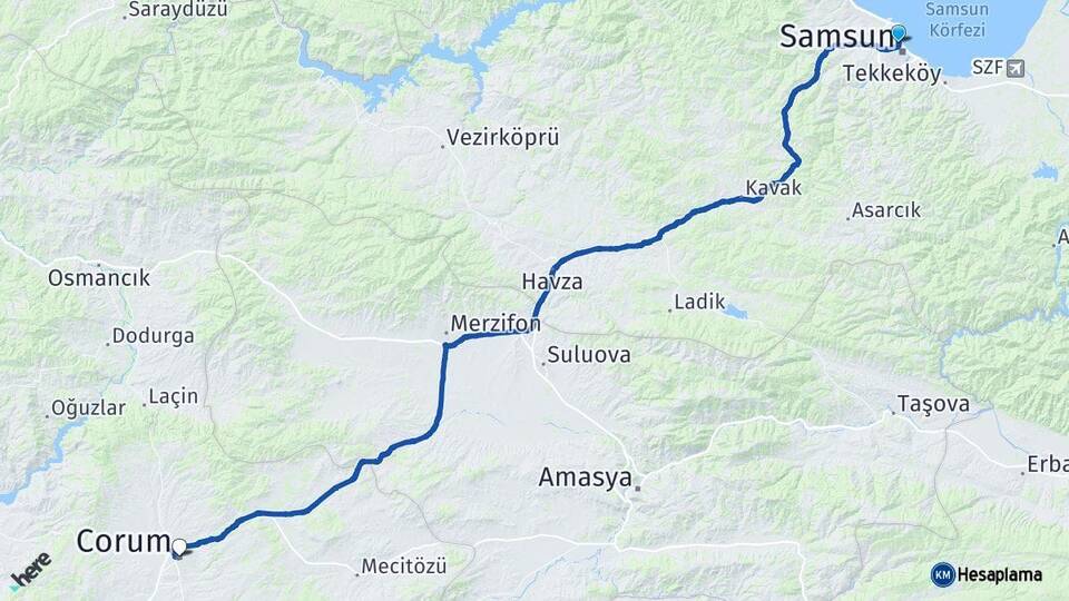 Samsun İlkadım Çorum Arası Kaç Km - Yol Haritası