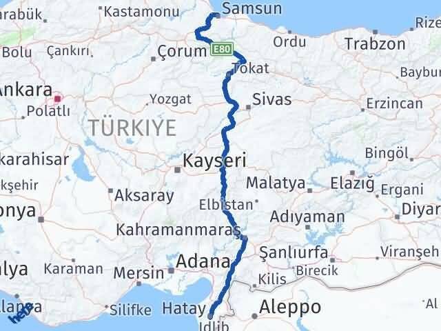 Samsun İlkadım Hatay Arası Kaç Km - Yol Haritası