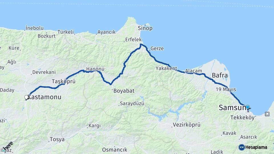 Samsun İlkadım Kastamonu Arası Kaç Km - Yol Haritası
