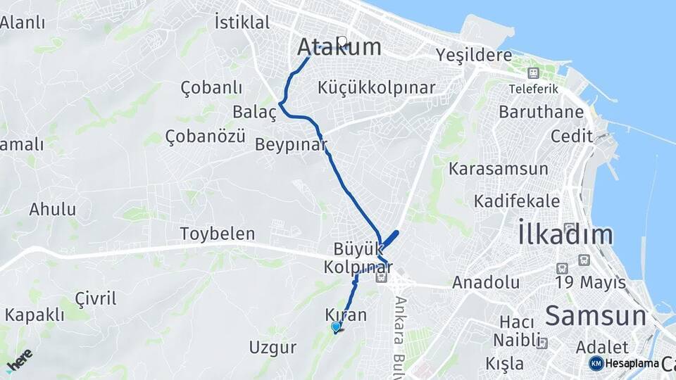 Kıran Atakum Arası Kaç Km - Yol Tarifi