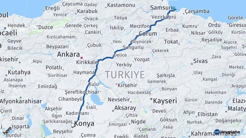 Samsun İlkadım Konya Arası Kaç Km - Yol Haritası