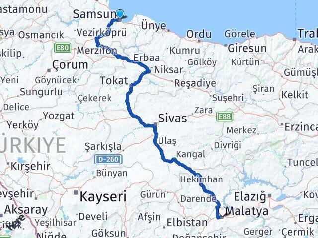 Samsun İlkadım Malatya Arası Kaç Km - Yol Haritası