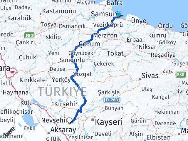 Samsun İlkadım Nevşehir Arası Kaç Km - Yol Haritası