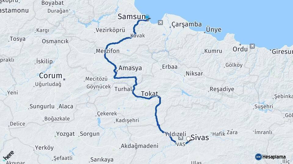 Samsun İlkadım Sivas Arası Kaç Km - Yol Haritası